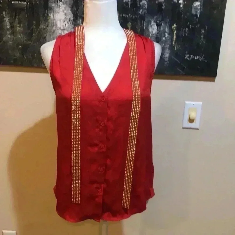 Michael Kors Red Sleeveless Beaded Neck Tie Top with Button Front Size Small